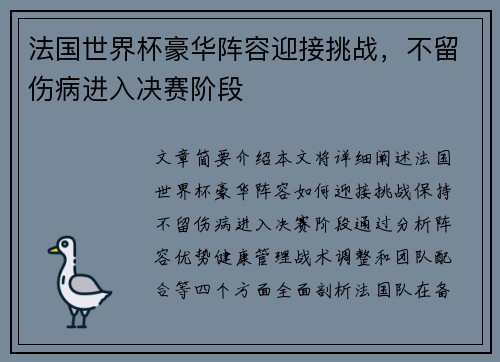 法国世界杯豪华阵容迎接挑战，不留伤病进入决赛阶段
